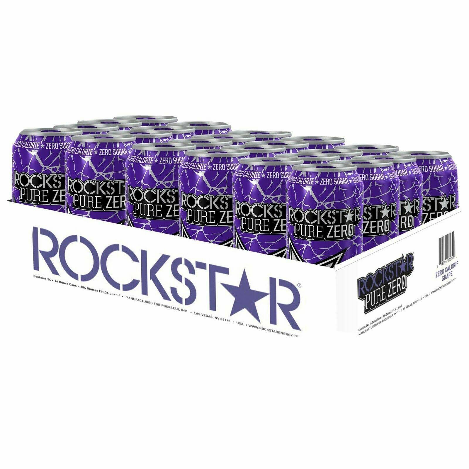 Rockstar Energy Drinks Beverages Pure Zero Grape B-Vitamins 16 oz Cans 24 Pack