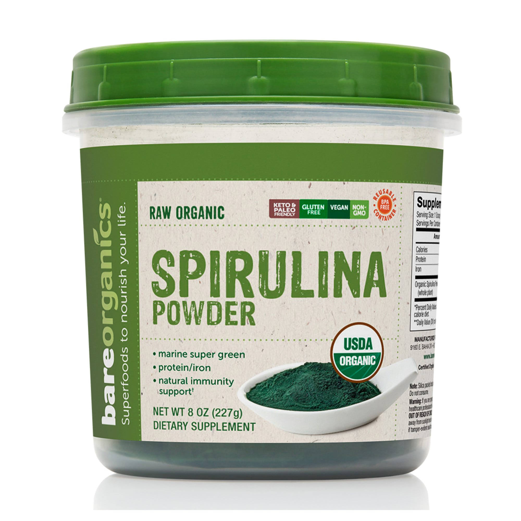 BareOrganics - Raw Organic Spirulina Powder - 8 oz (227 Grams)