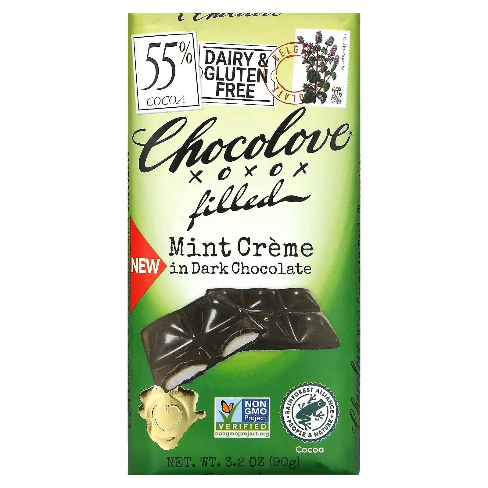 Chocolove, Filled Mint Creme in Dark Chocolate, 55% Cocoa, 3.2 oz (90 g)