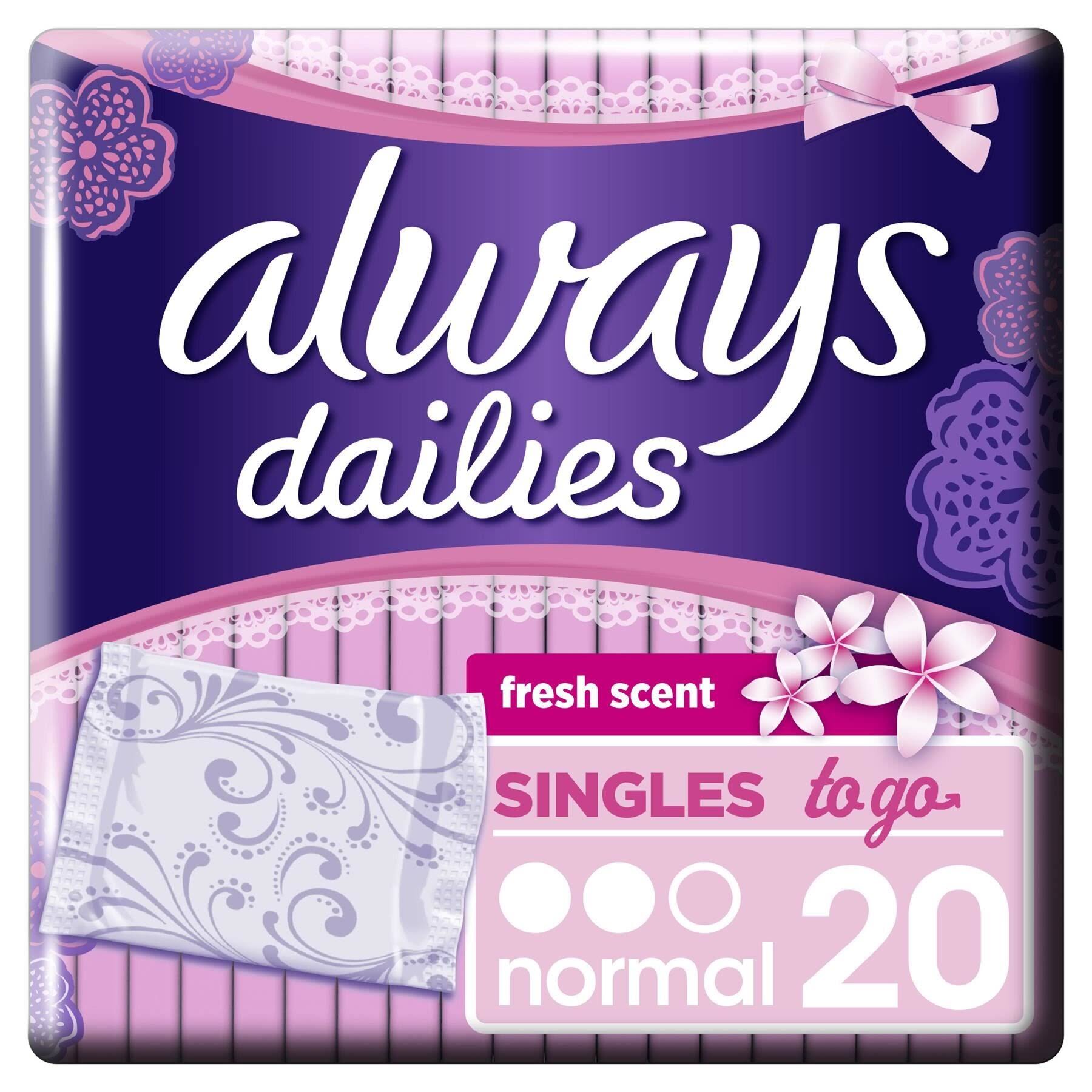 Always Dailies Singles To Go Panty Liners - Fresh Scent, 20pk