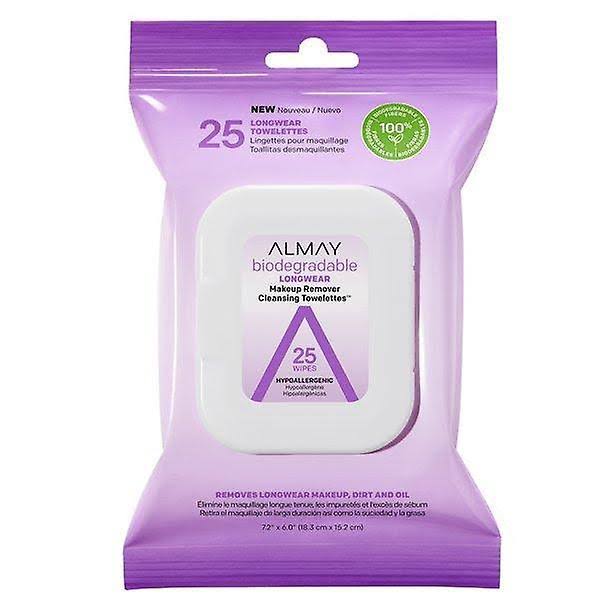 25 Count, Almay Makeup Remover Wipes, Longwear Makeup Biodegradable Cleansing Towelettes, Sensitive Skin, Hypoallergenic, Cruelty Free, Fragrance Free