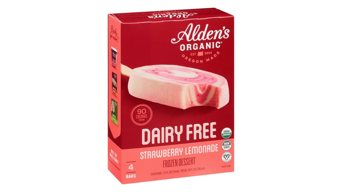 Aldens Organic Frozen Dessert, Dairy Free, Strawberry Lemonade - 4 pack, 2.5 fl oz bars