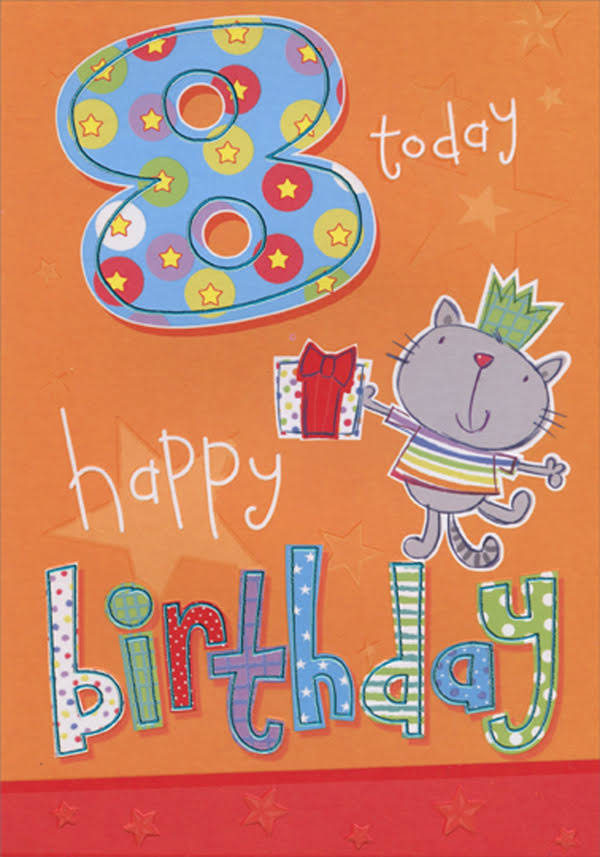 Designer Greetings Grey Kitten with Crown and Gift Age 8 / 8th Birthday Card | Party Decorations & Supplies