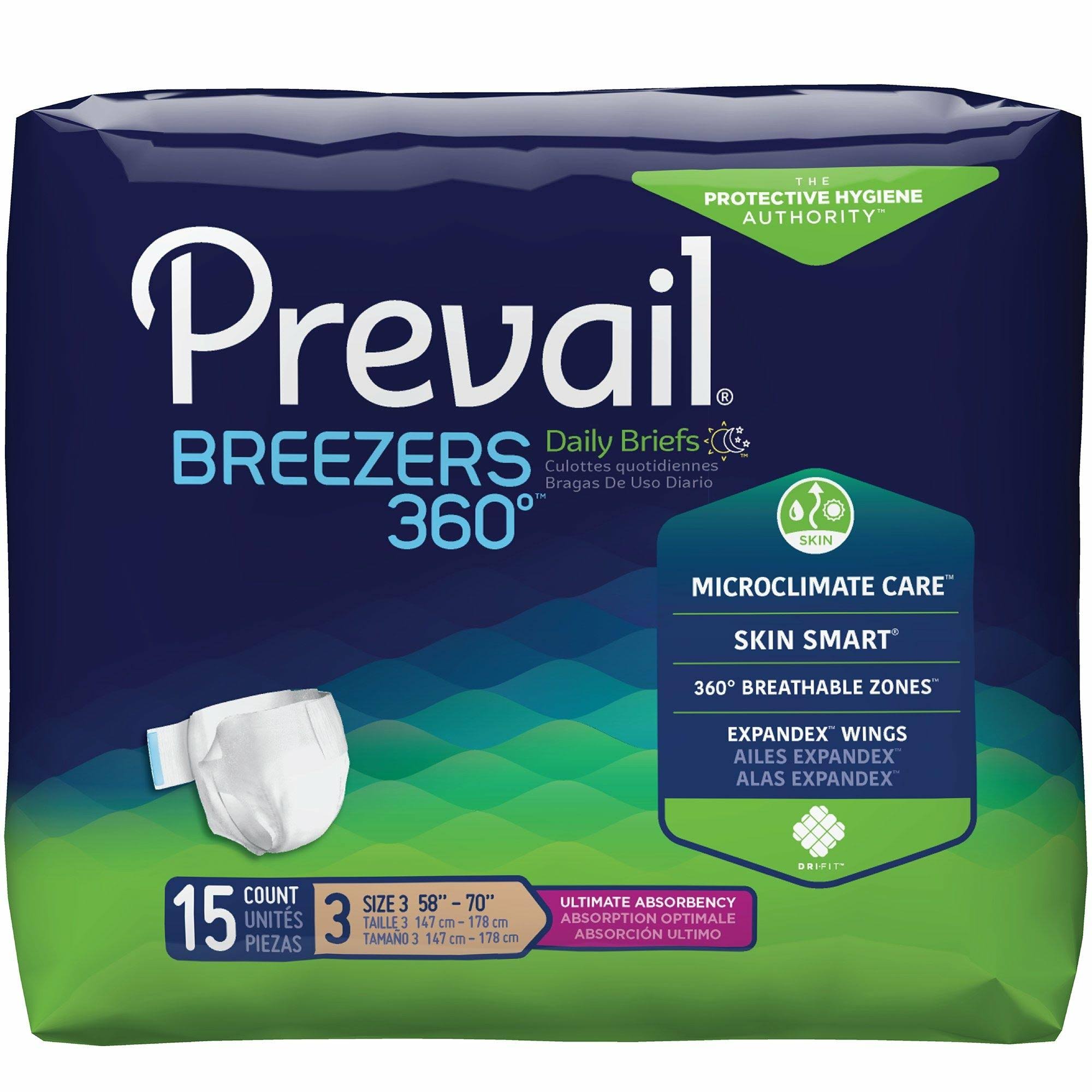 Prevail Unisex Breezers Absorbency Incontinence Briefs - Size 3, 15ct