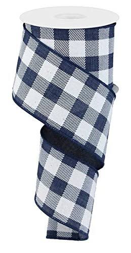 Plaid Check Wired Edge Ribbon, 10 Yards (Navy Blue, White, 2.5 inch)