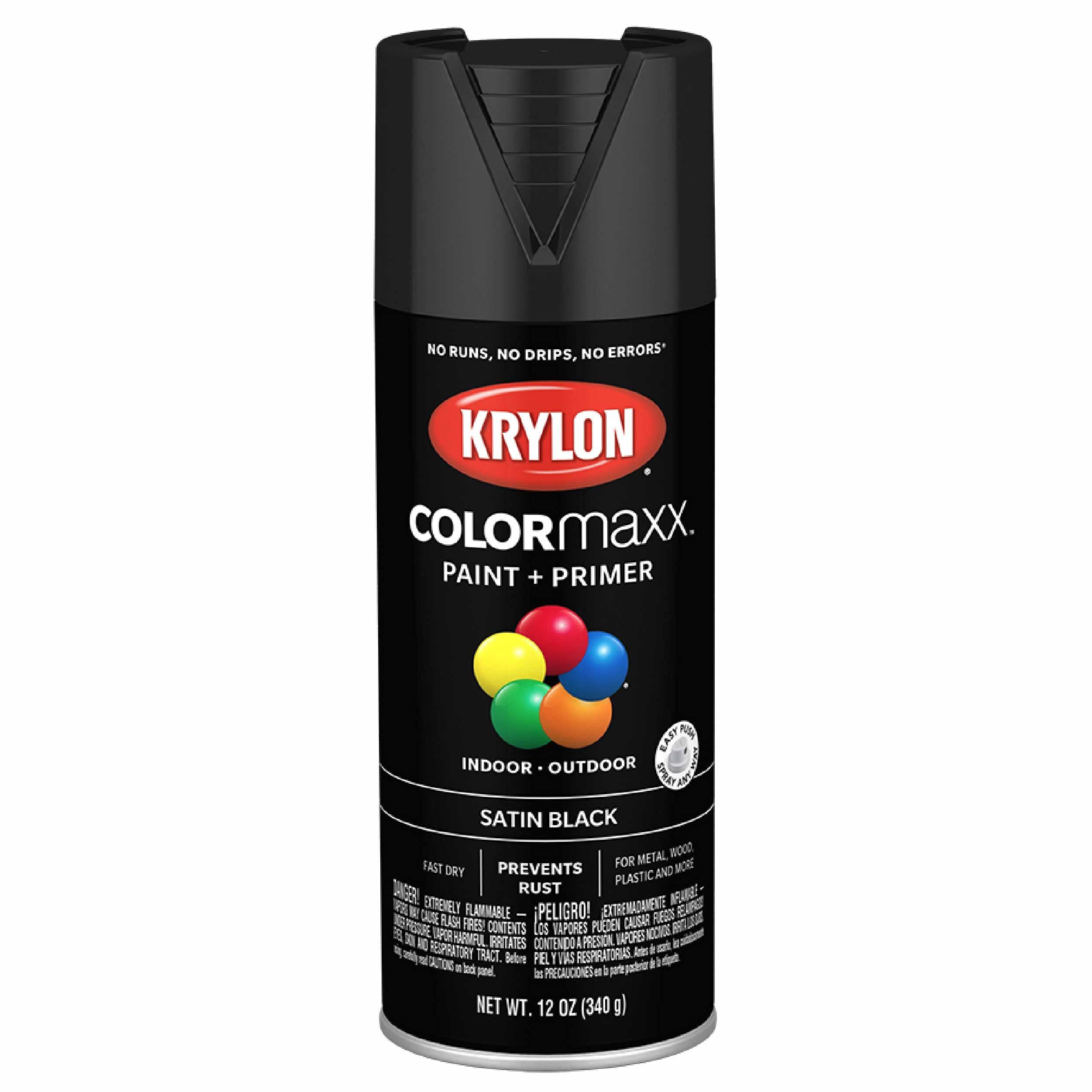 Krylon COLORmaxx K05557007 Spray Paint, Satin, Black, 12 oz Aerosol Can