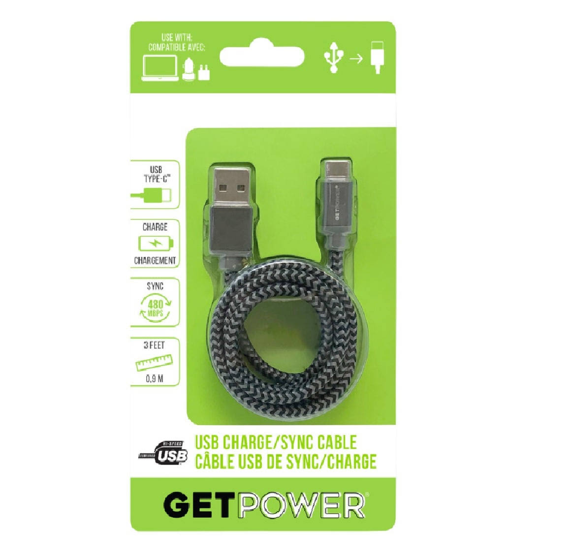 GetPower Braided USB Charge Sync Cables - USB C, Bowl of 50