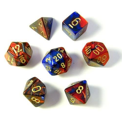 Chessex Gemini Poly 7 Dice Set: Blue-Red/Gold