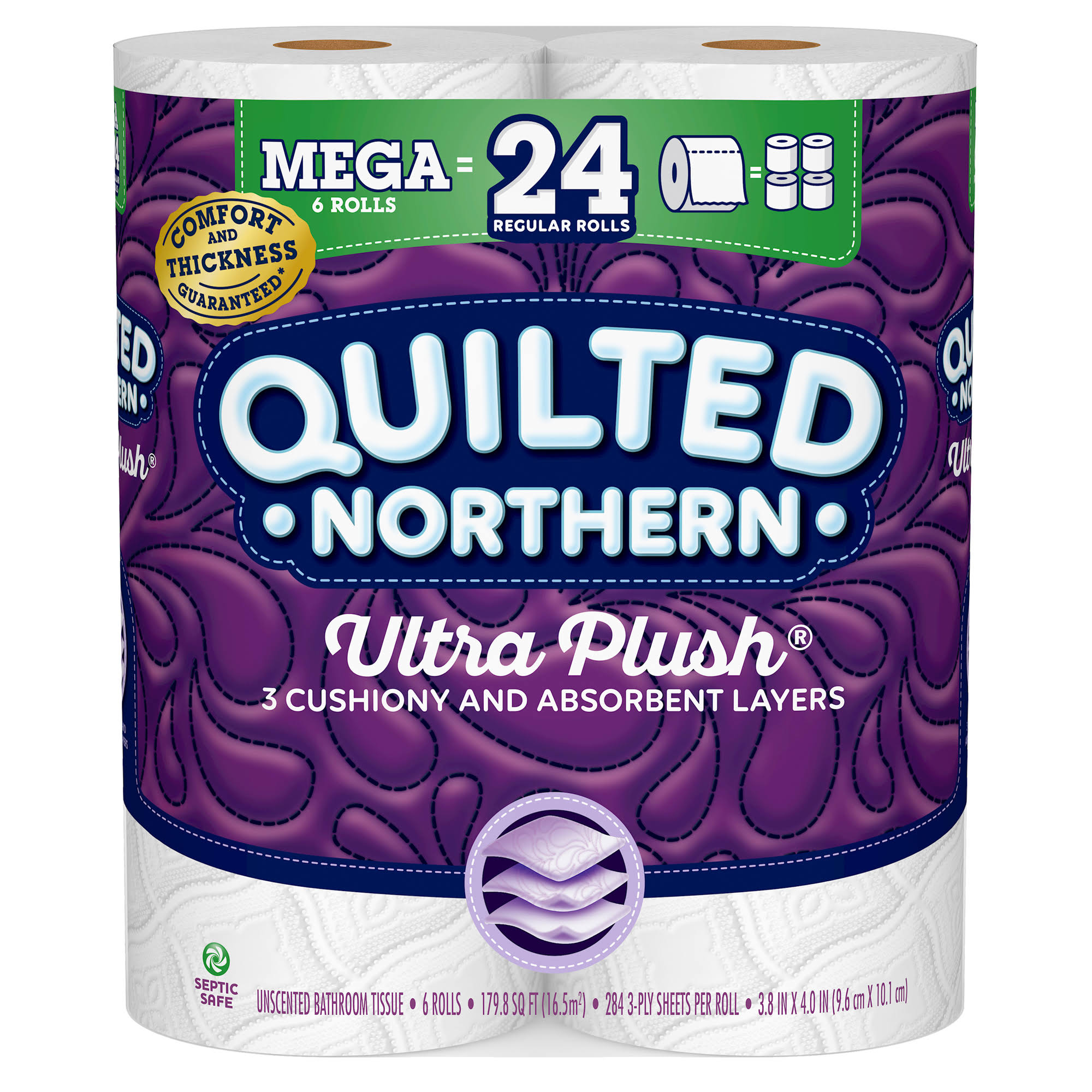 Quilted Northern Ultra Plush Bathroom Tissue, Unscented, Mega Rolls, 3-Ply - 6 rolls