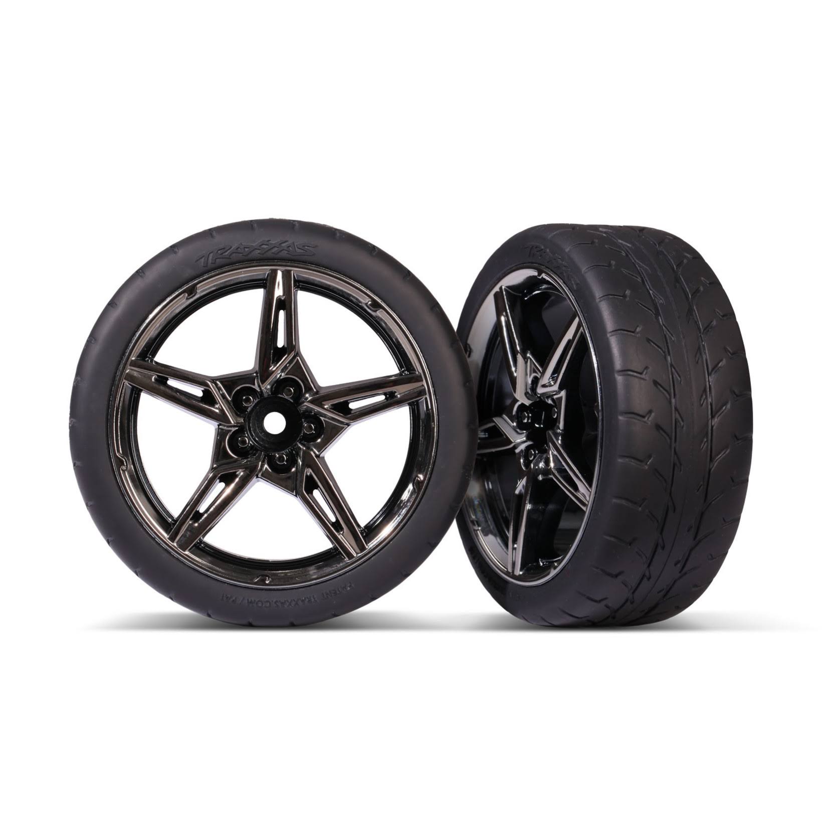 Traxxas 2.1" Corvette Stingray Front Tyres On Black Rims - Glued Wheels 2pcs