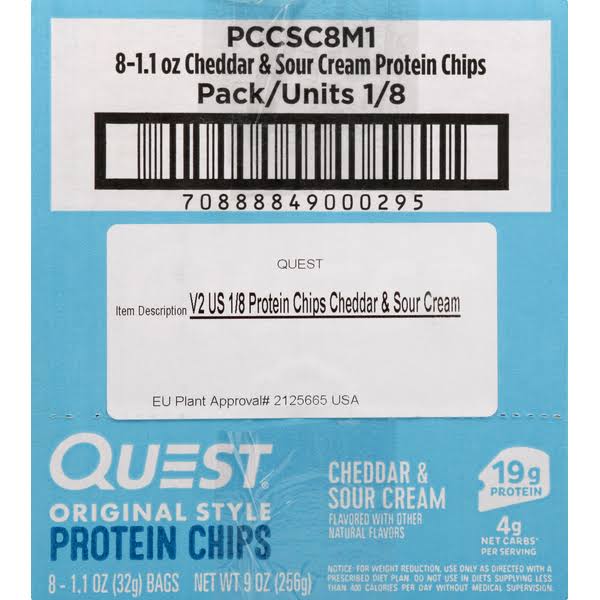 Quest Protein Chips, Cheddar & Sour Cream Flavored, Original Style - 8 pack, 1.1 oz bags