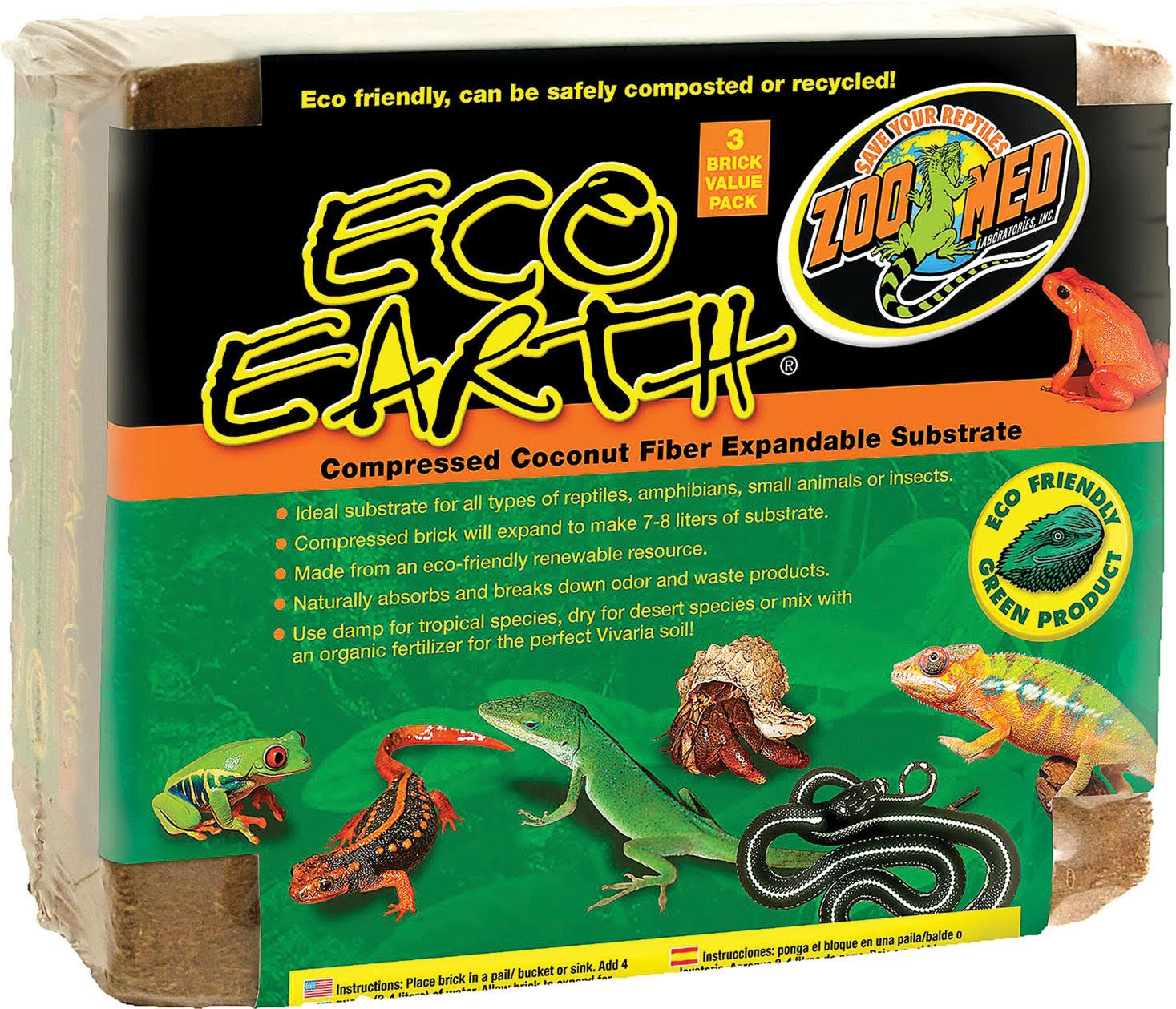 Zoo Med Eco Earth Compressed Coconut Fiber Substrate - 3 Bricks