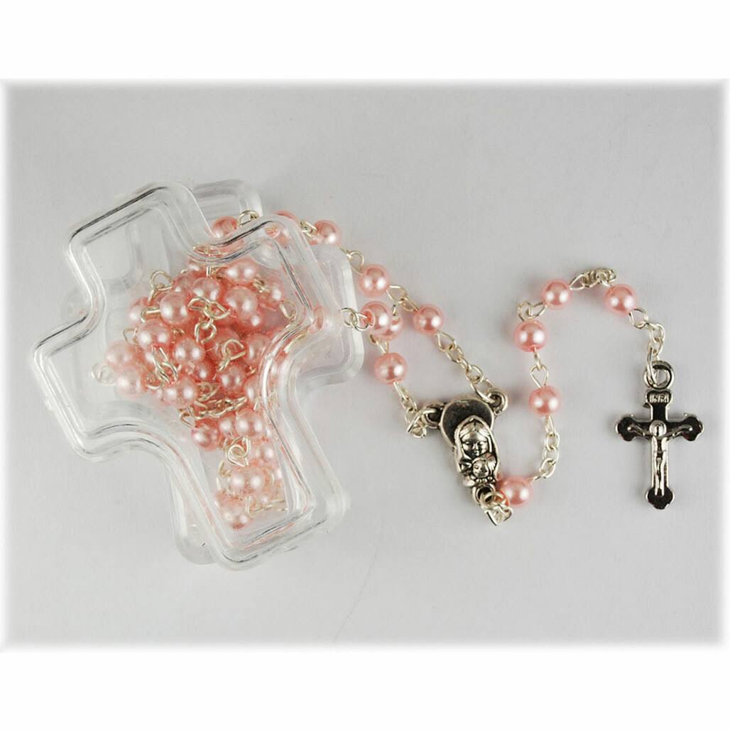 Pink Pearl Rosary in Cross Box