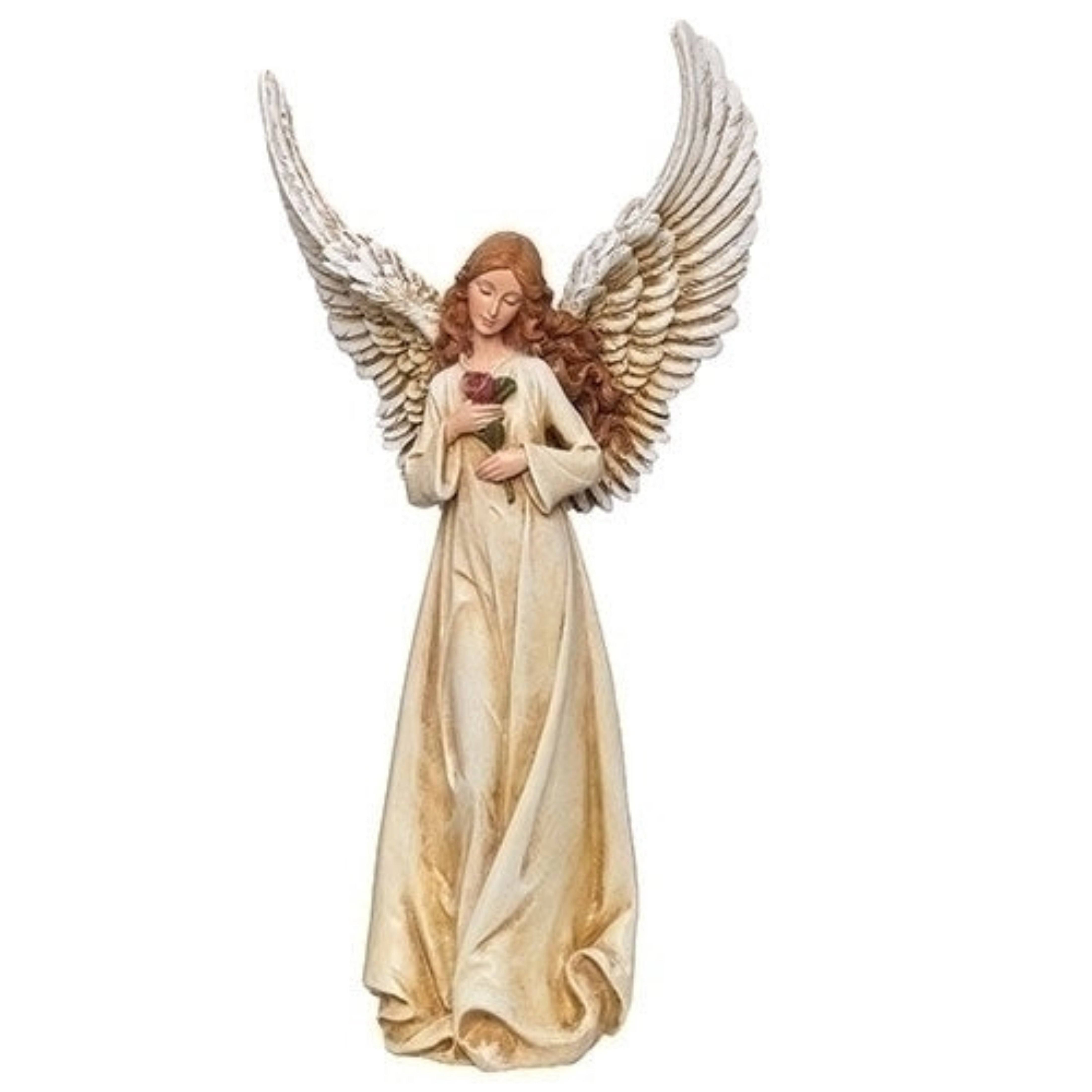 10.5" White and Brown Angel with Rose Christmas Tabletop Figurine
