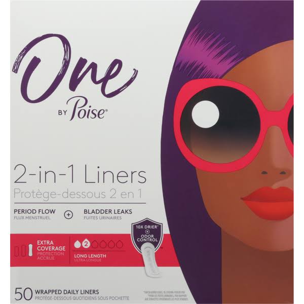 One By Poise Liners, 2-in-1, Extra Coverage, Long Length - 50 liners