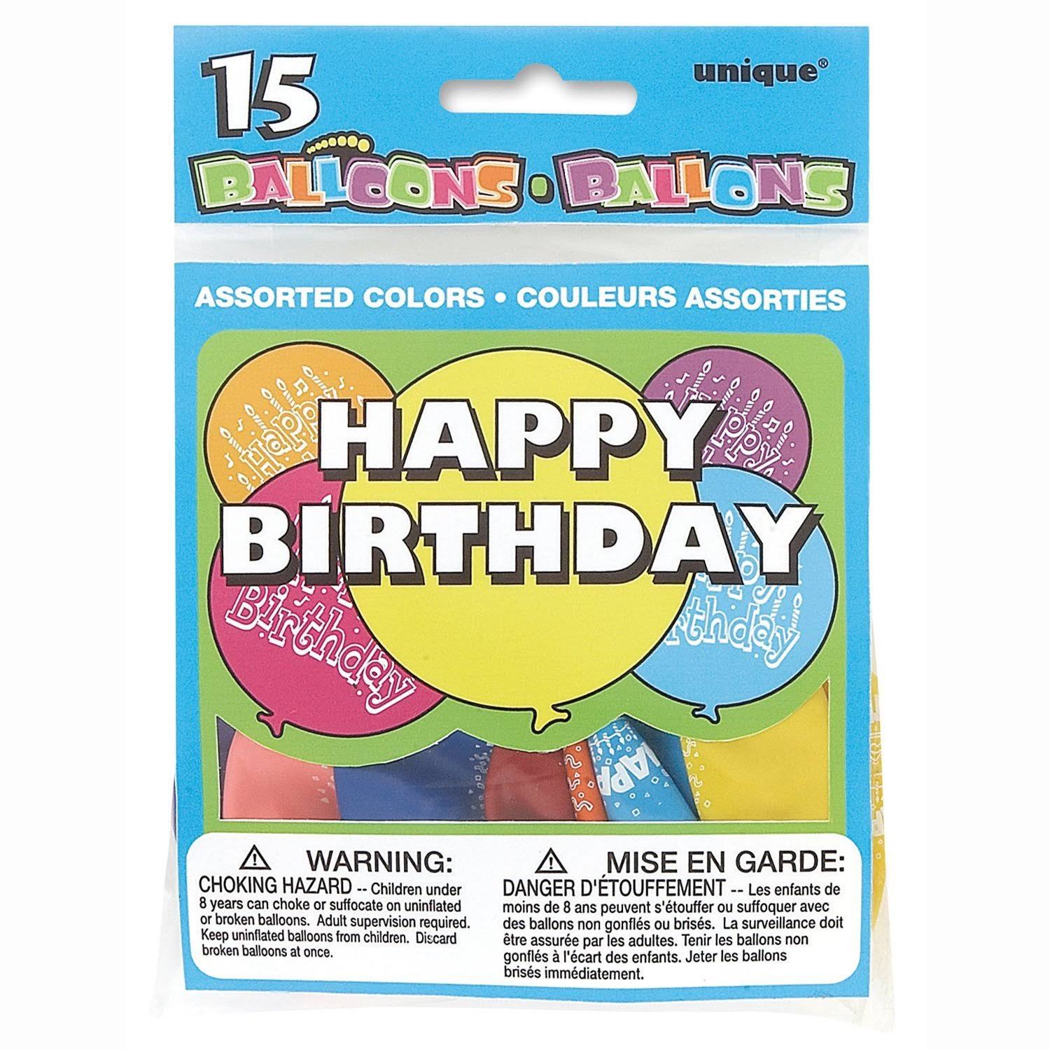 Unique Happy Birthday Balloons - Assorted Colors, 15pk