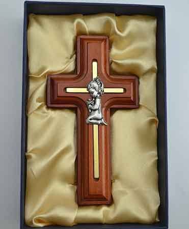 Rosewood Praying Girl Inlaid Cross 5in | St. Patricks Guild
