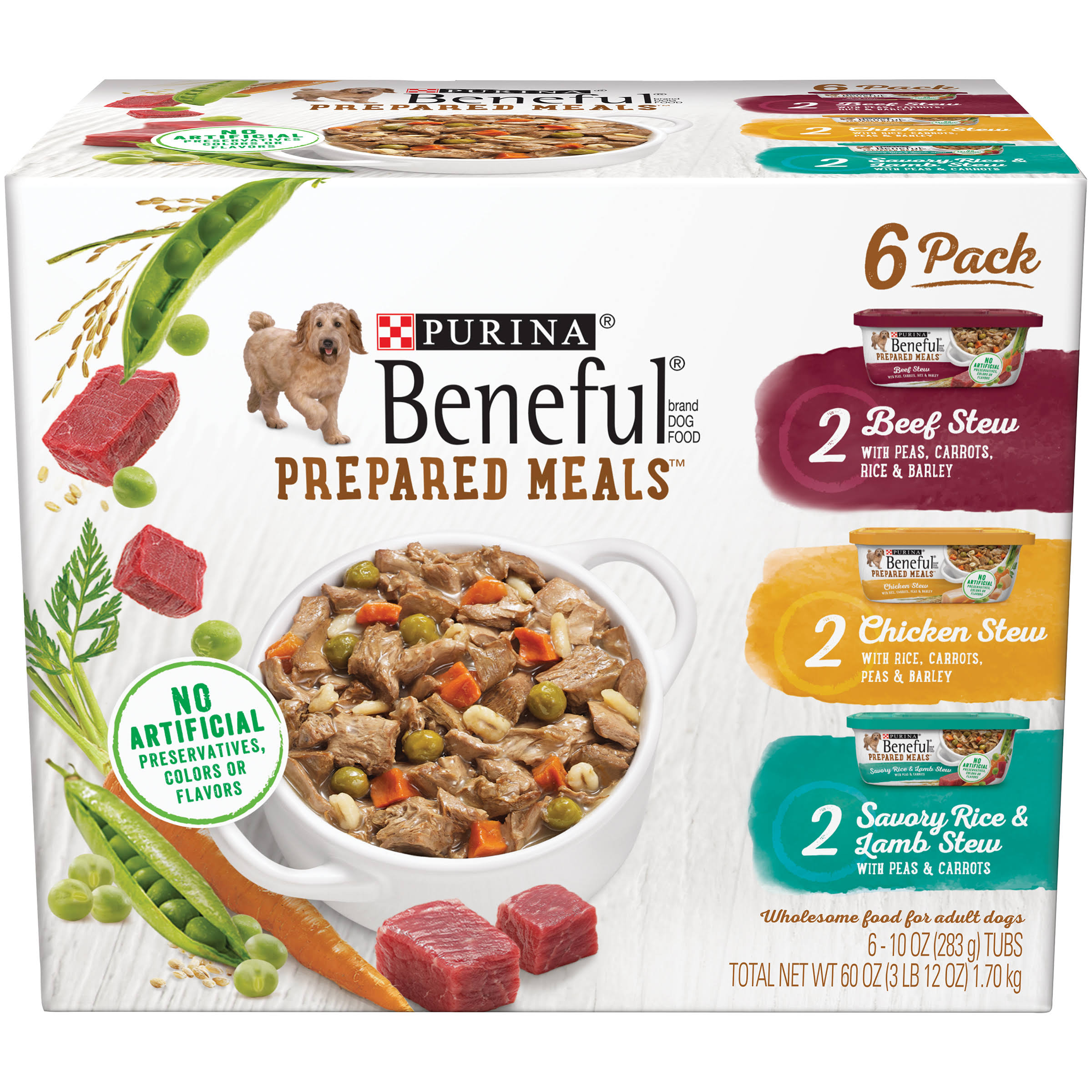 Beneful Prepared Meals Dog Food, Beef Stew/Chicken Stew/Savory Rice & Lamb Stew, 6 Pack - 6 - 10 oz 60 oz tubs [3 lb 12 oz (1.70 kg)]
