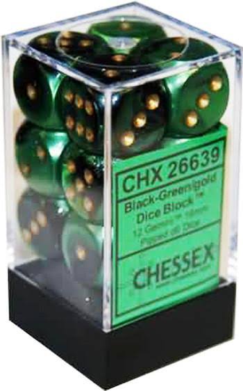 Chessex Gemini 16mm D6 Dice Block: Black-Green/Gold