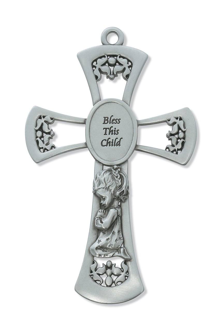 Pewter Bless This Child Girl's Hanging Wall Cross, 6 Inches