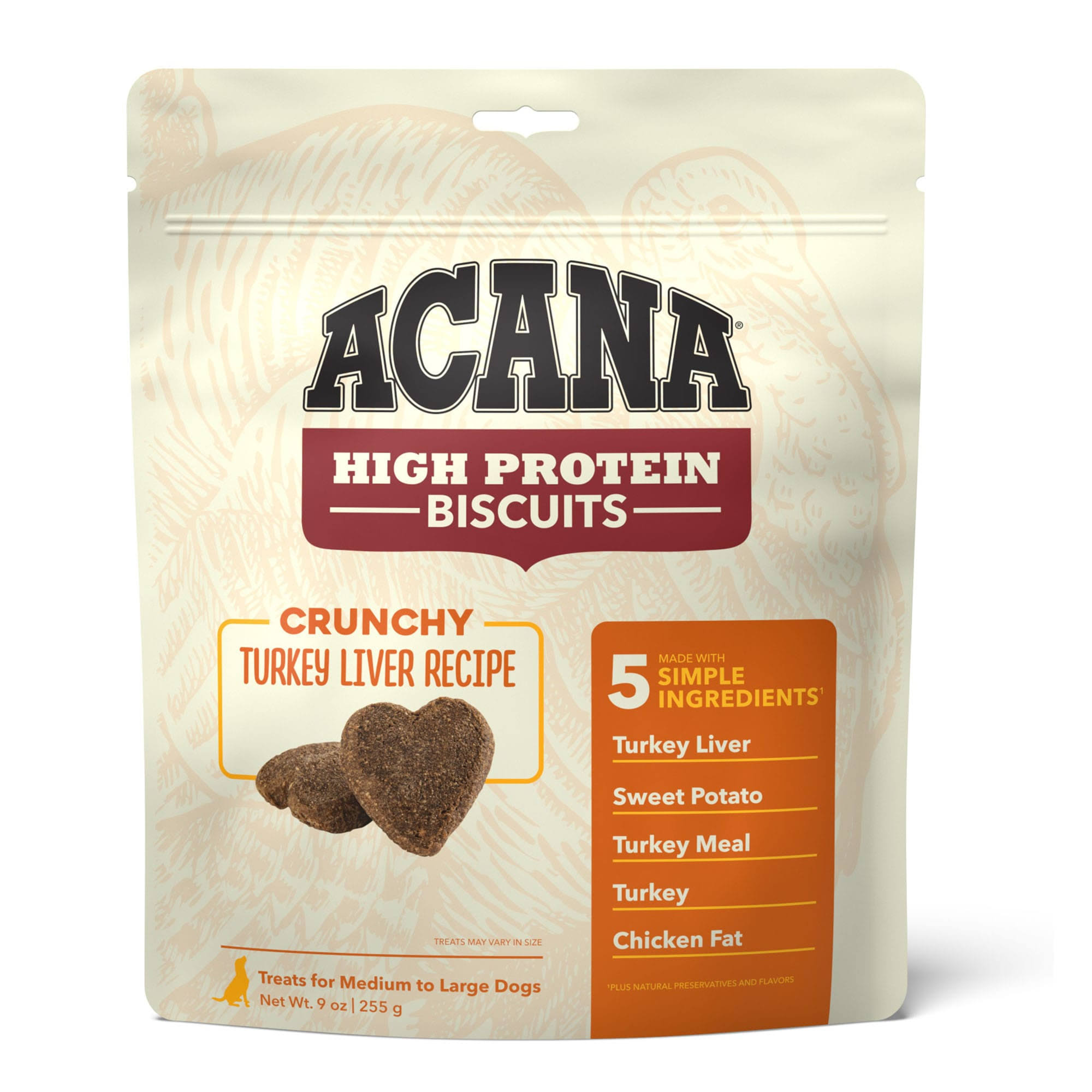 ACANA Crunchy Biscuits Dog, High Protein, Treats Turkey Liver Recipe, Large - 9 oz