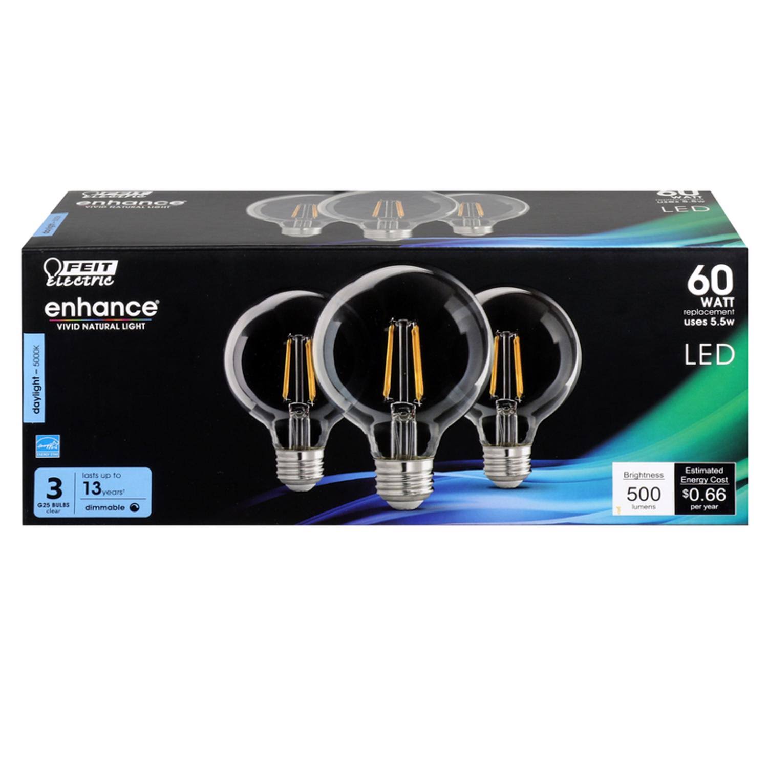 Feit Electric Bulbs, LED, Daylight, Clear, 5.5 Watts - 3 bulbs
