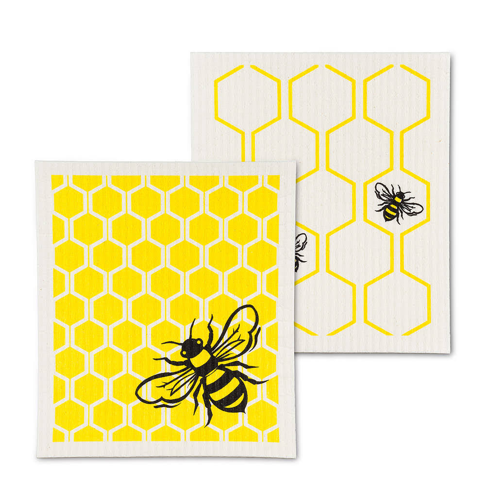 Abbott Collections AB-84-ASD-AB-135 Bee & Honeycomb Dishcloths Ivory & Yellow - Set of 2