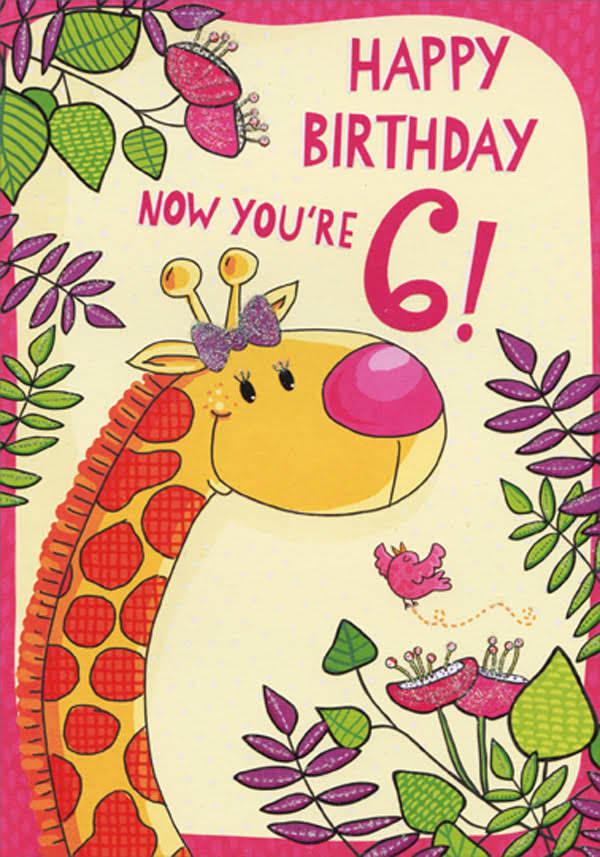 Designer Greetings Giraffe with Purple Bow Age 6 / 6th Birthday Card for Girl