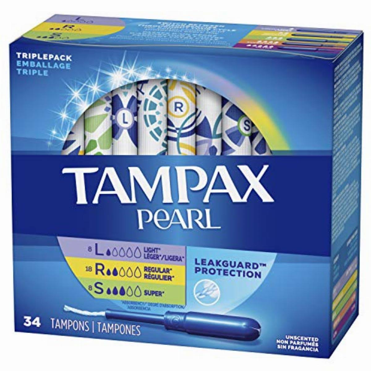 Tampax Pearl Plastic Tampons - Triple Pack with Light, Regular and Super Absorbency, Unscented, 34ct