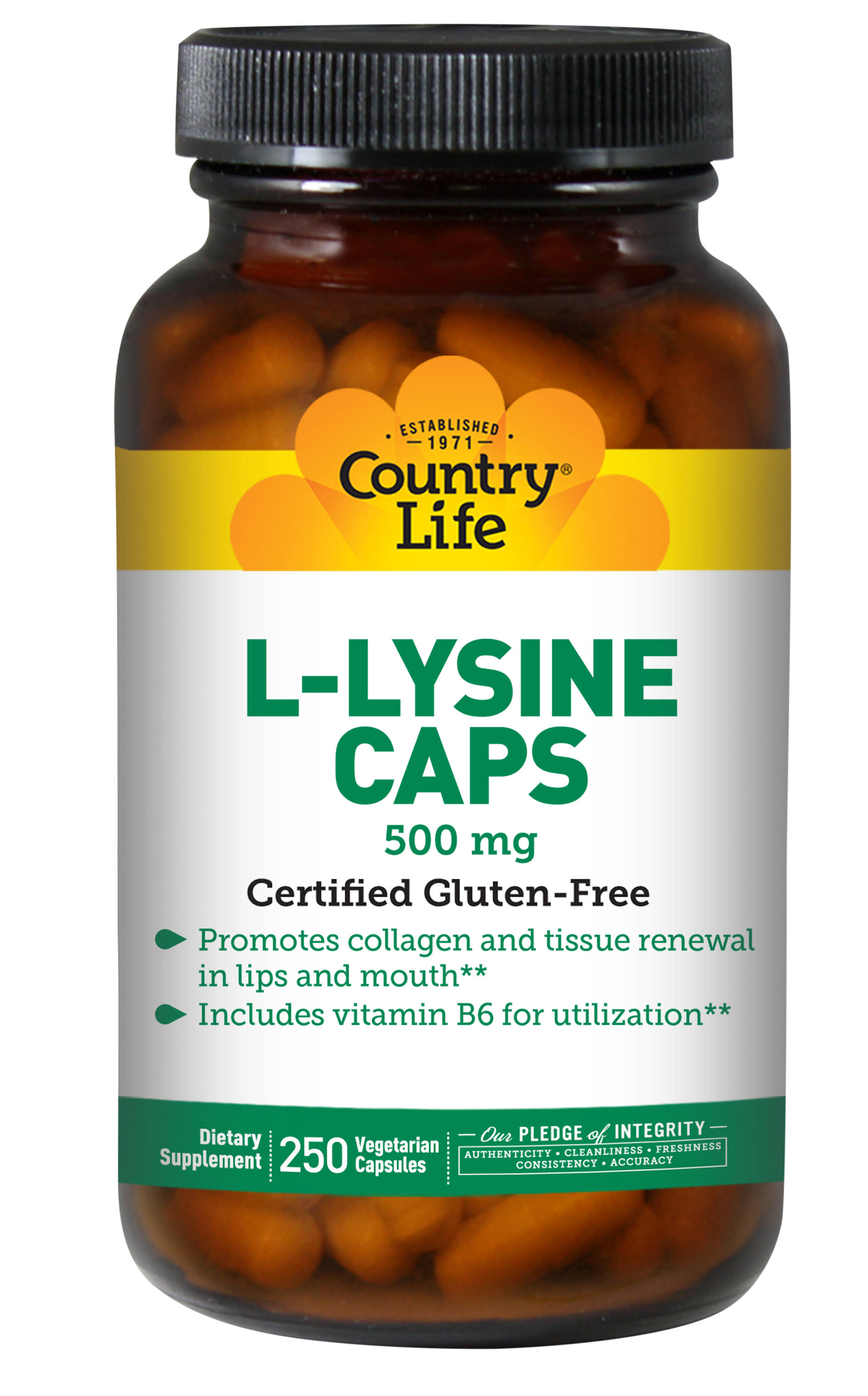 Country Life L-lysine Vegetarian Capsules - 500mg, with b-6, 250ct