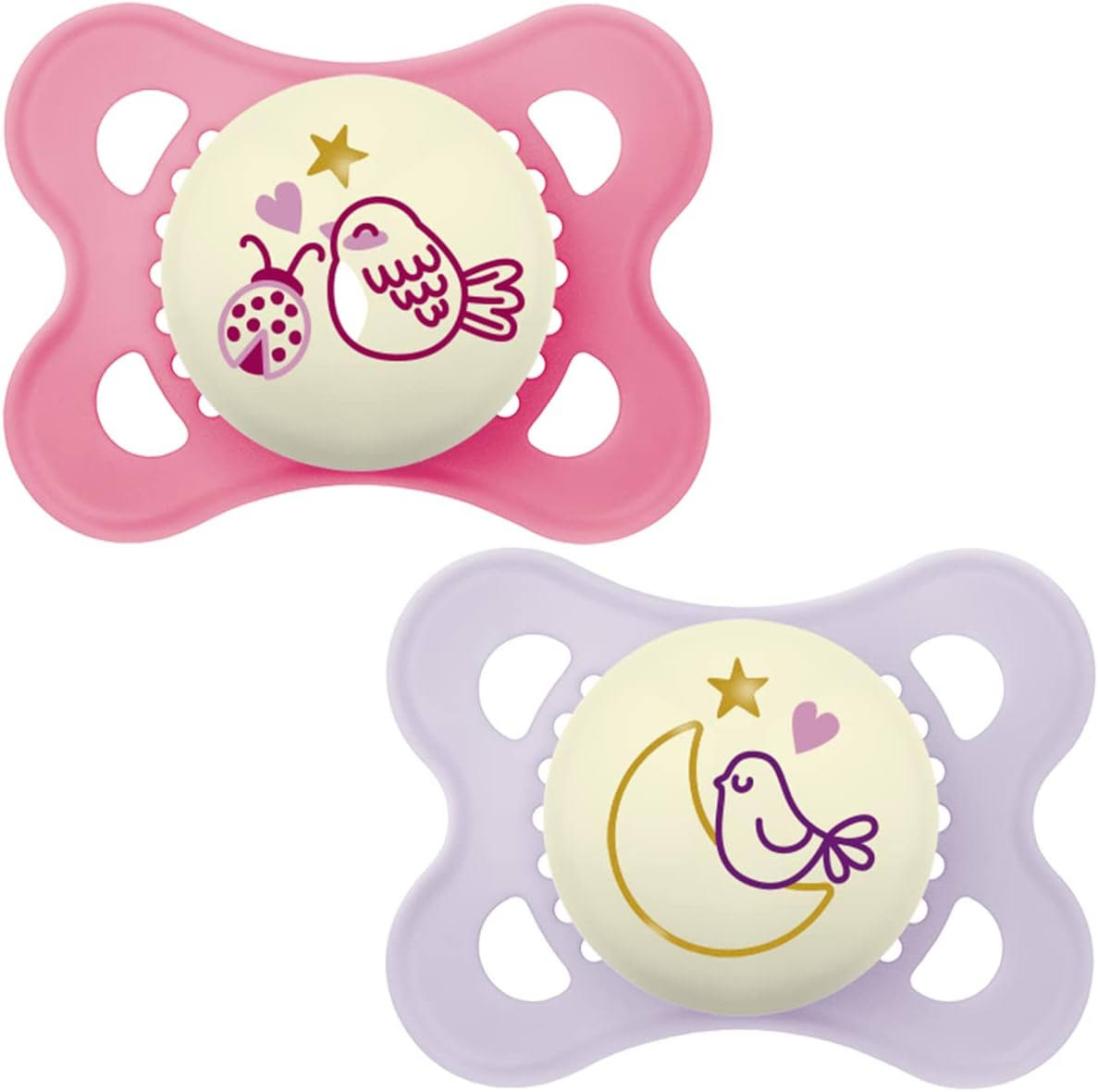 MAM Pure Night Soother Glows in The Dark BPA/BPS Free Pink 2-6M 2pk