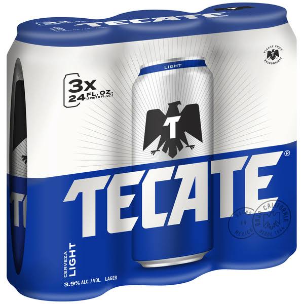 Tecate Beer, Lager, Light - 3 pack, 24 fl oz cans