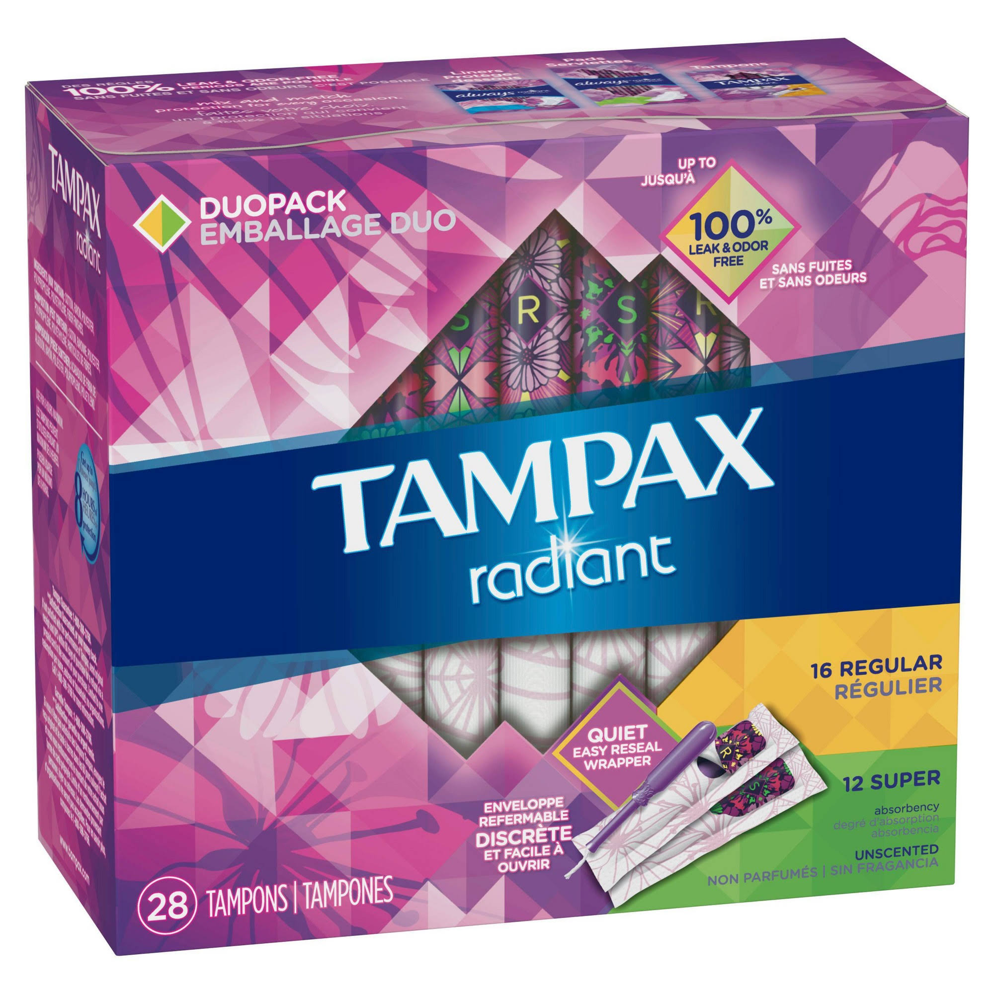 Tampax Radiant Tampons, Unscented, Regular/ Super Absorbency, 28 CT